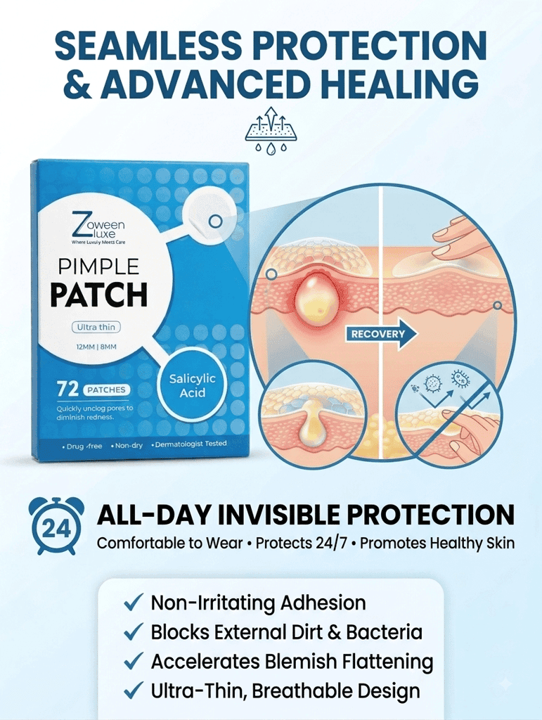 Zoween Hydrocolloid Patches for Pimples – Large & Custom Acne Tape for Patch of Pimples on Cheek, Chin & Forehead – Invisible Blemish Care Roll view 3