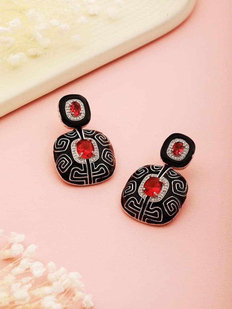 Black Enamelled Red AD studded Statement Drop Earrings view 3