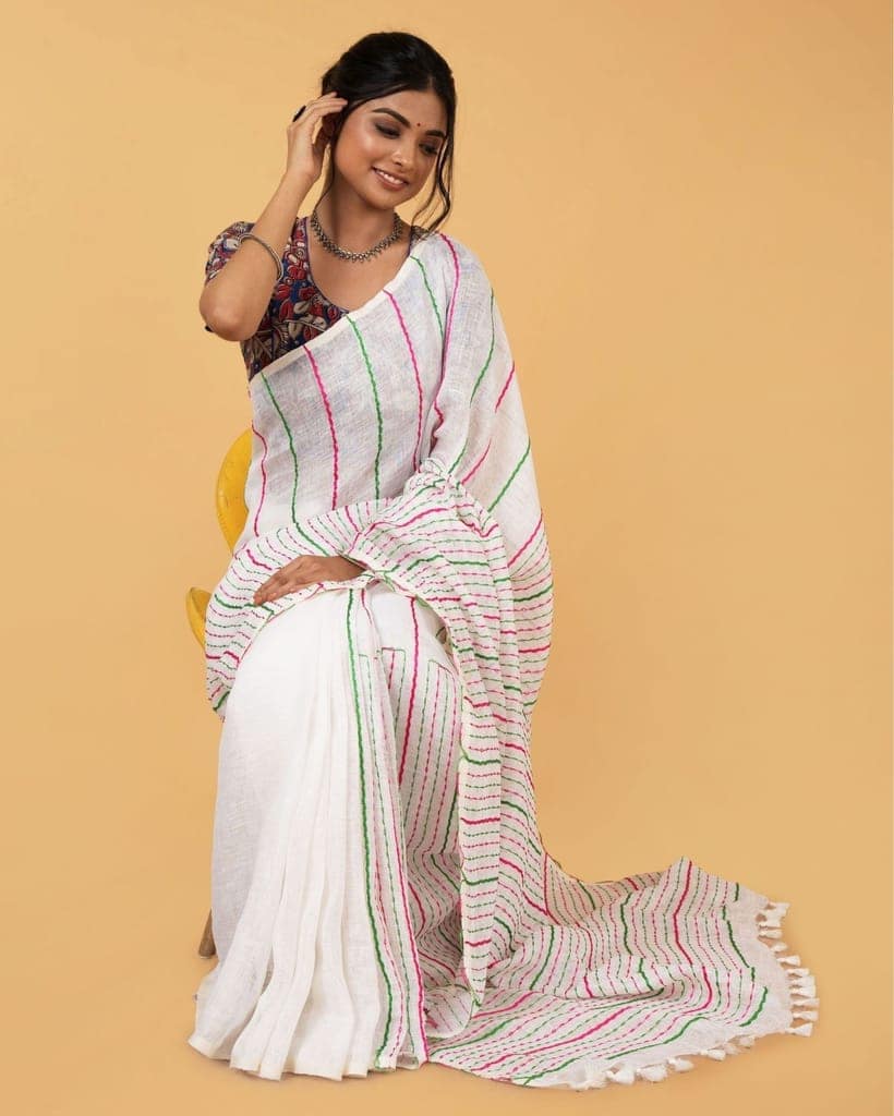 Pure Linen Weaving Design Kantha Work Saree Off White Color with Kantha Blouse-5434 view 3