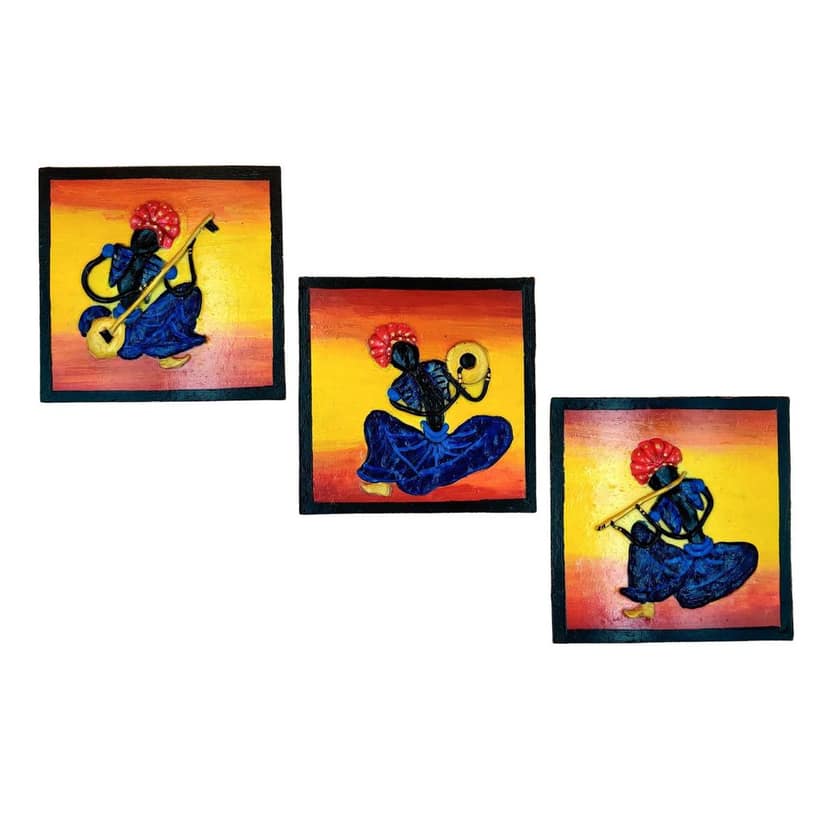 INDRICO Handmade 3D Tribal Art Clay Wall Hanging D?cor for Living Room MDF Multi Color Pack of 3