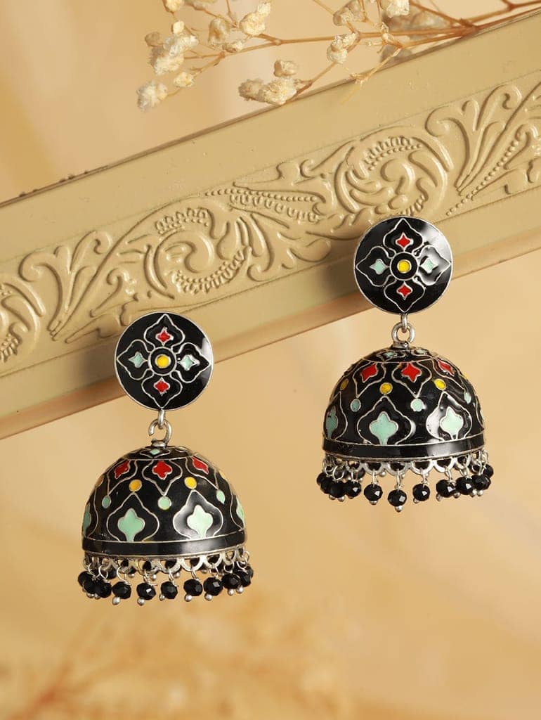 Black Designer Handpainted Jhumka Earrings view 3