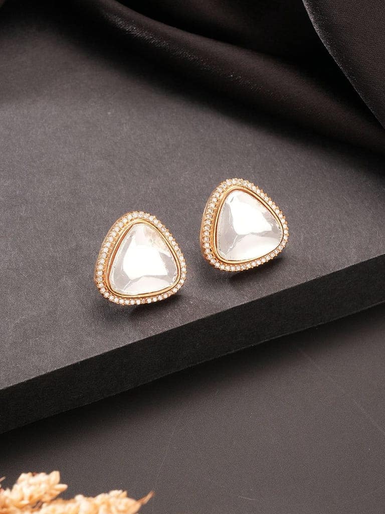 Gold Plated Uncut Mossanite Polki Statement Big Triangle Studds Earrings view 3