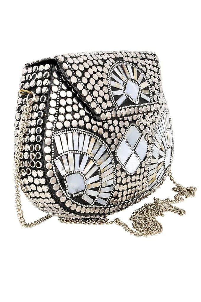 Shakuntala Vintage Mosaic Silver & White Metal Embellished Bridal Clutch Sling Bag for Women view 3