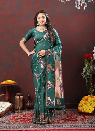 Green Soft Paithani Silk Woven Design Copper Zari Meenakari Weaving Saree