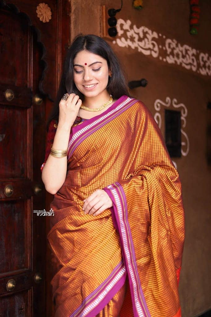Traditional Khun Saree - Cotton Resham Authentic Handwoven, Shimmery Mustard Orange with Magenta Border view 3