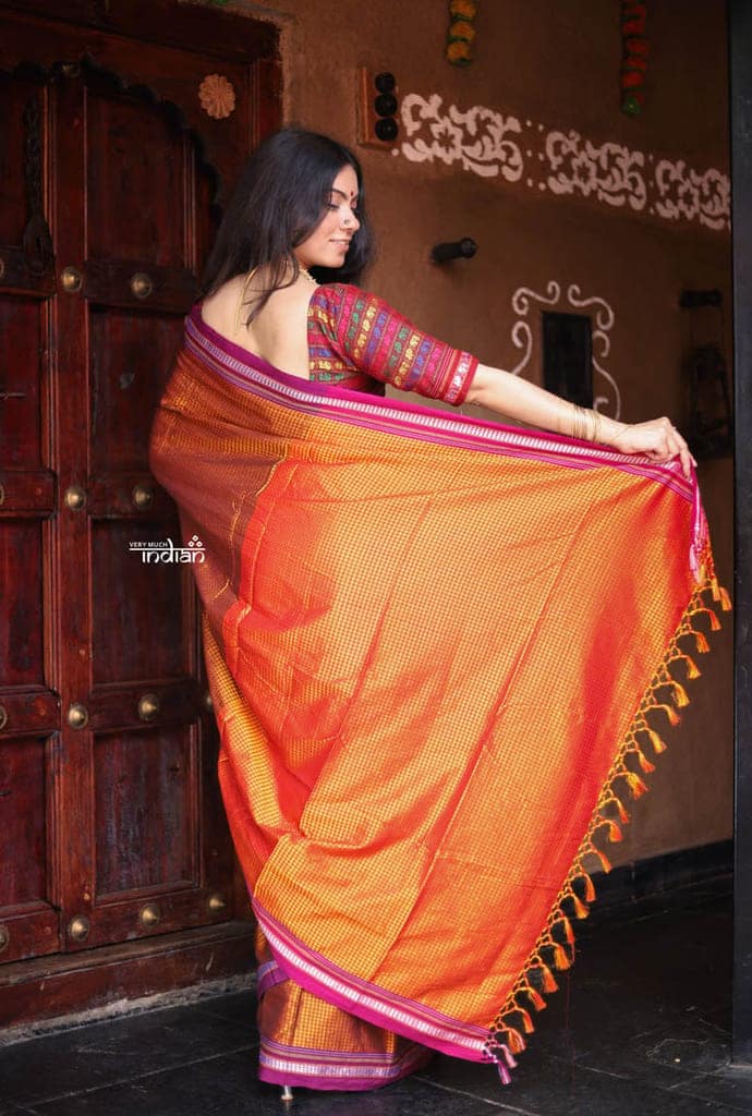 Traditional Khun Saree - Cotton Resham Authentic Handwoven, Shimmery Mustard Orange with Magenta Border view 5