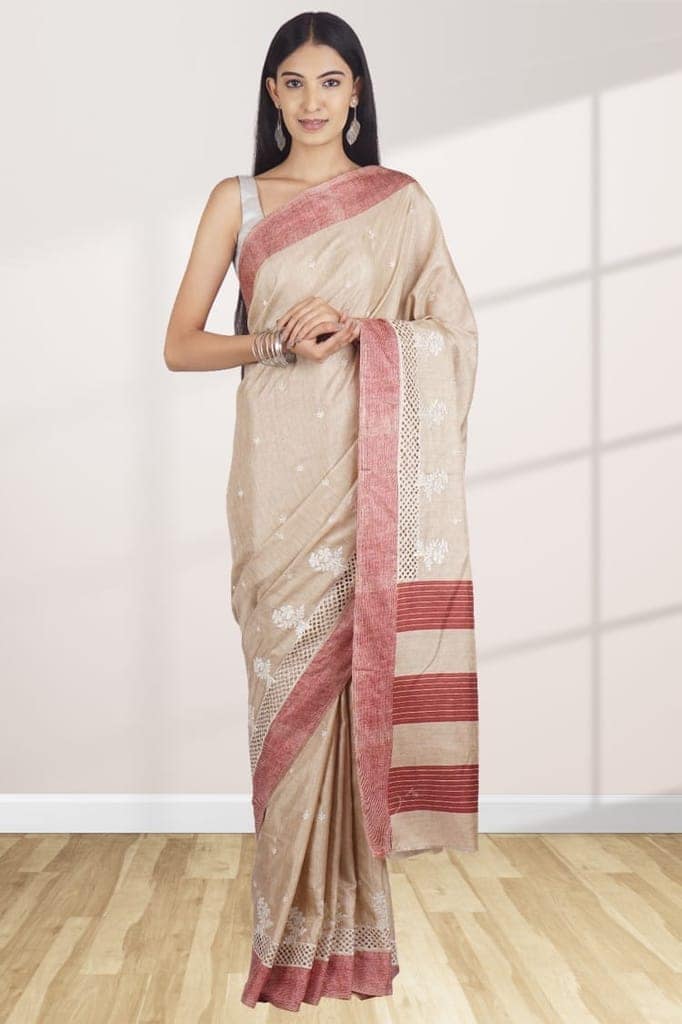 Cream and Red Linen Saree With Modish Work