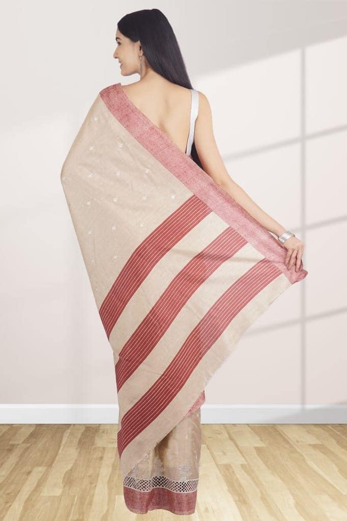 Cream and Red Linen Saree With Modish Work view 2