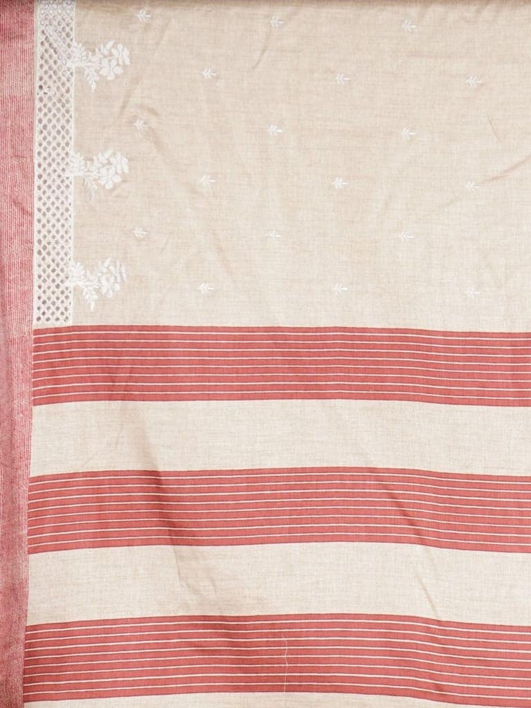 Cream and Red Linen Saree With Modish Work view 3