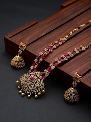 Cardinal Gold Plated American Diamond Ruby Stone Double Layer Necklace Set