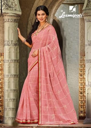 Pink Color Checks Foil Print Chiffon Saree With Fancy Border And Fancy Blouse Piece