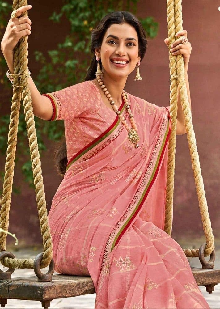 Pink Color Checks Foil Print Chiffon Saree With Fancy Border And Fancy Blouse Piece view 2