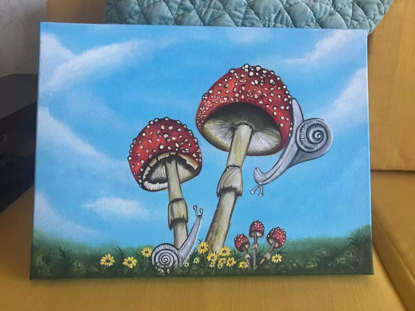 Handmade Acrylic Canvas Painting with in-built frame - "Mushroom Land" view 2