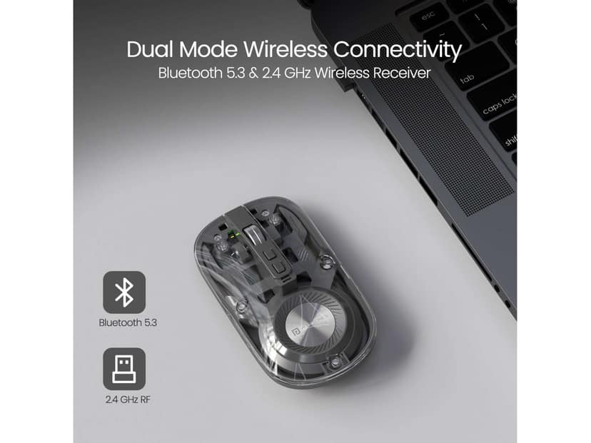 Portronics Toad 8 Transparent Wireless Bluetooth Mouse with Dual Wireless (BT + 2.4 GHz), Rechargeable Battery, Noise-Free Clicking, Show/Hide Desktop, Multi-Device Pair, Adjust Sensitivity - Grey view 2
