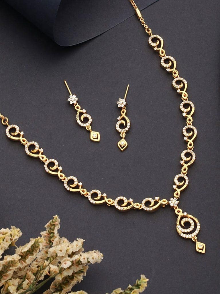 Gold Plated Zircon Studded Geometric Minimal Delicate Jewellery Set view 2