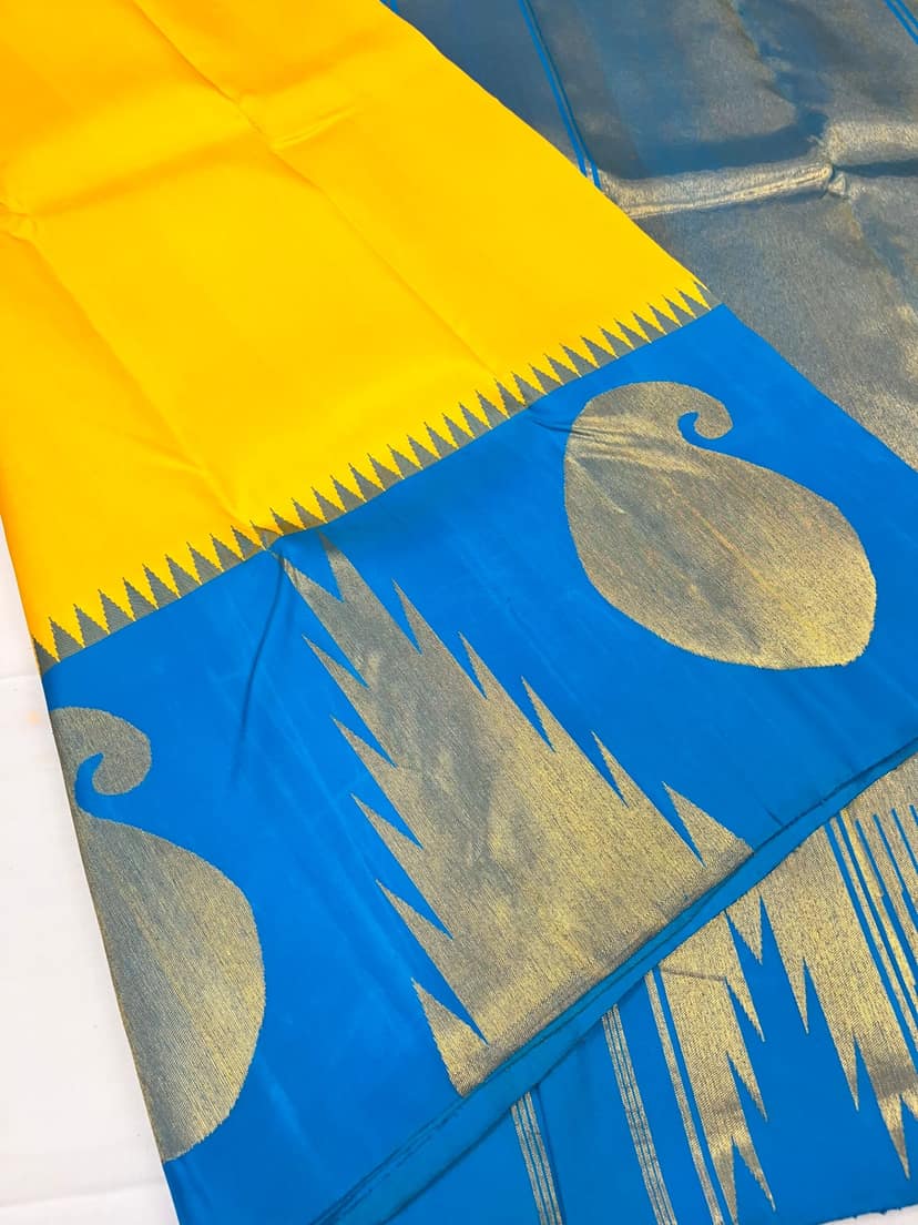 Yellow Color Long Border Kanjivaram Pure Silk Saree Has Contrast Pallu & Blouse view 2