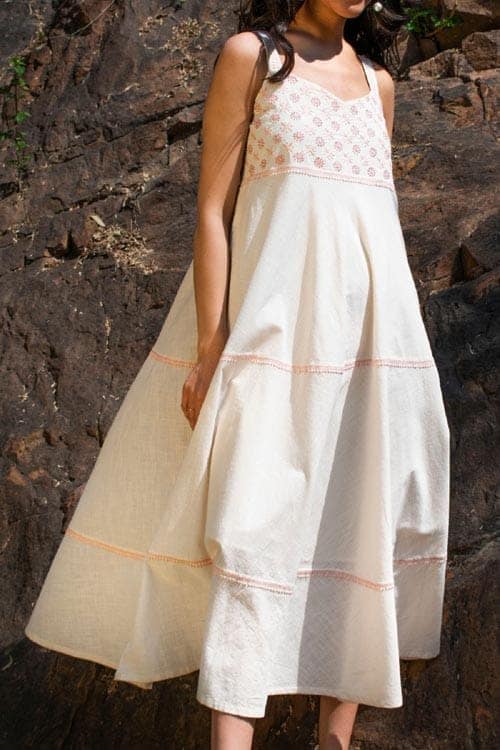 Avani Chikankari Off White Pure Cotton Strappy Dress view 4