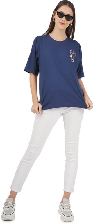 BlueFicus Printed Oversize Cotton Tshirt for Women Short Sleeve Tshirt for Casual Wear (Navy Blue)