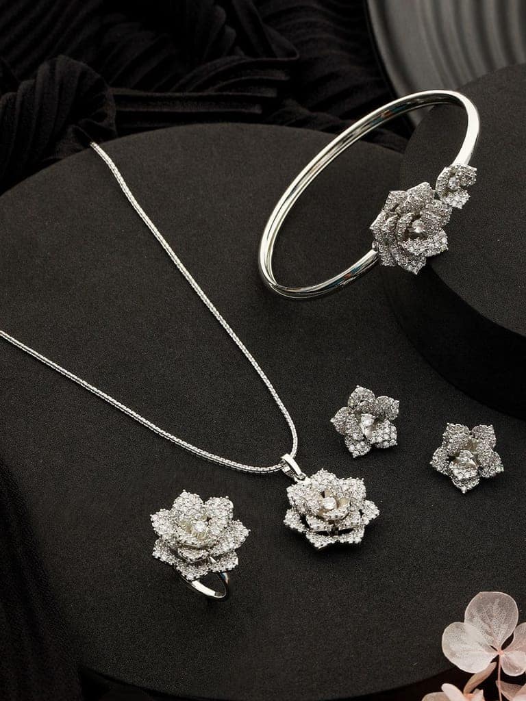 Silver Plated AD Studded Rose Statement Combo Jewellery Set view 2