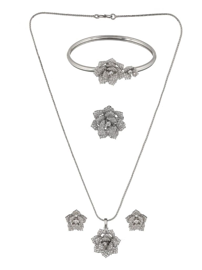 Silver Plated AD Studded Rose Statement Combo Jewellery Set view 3