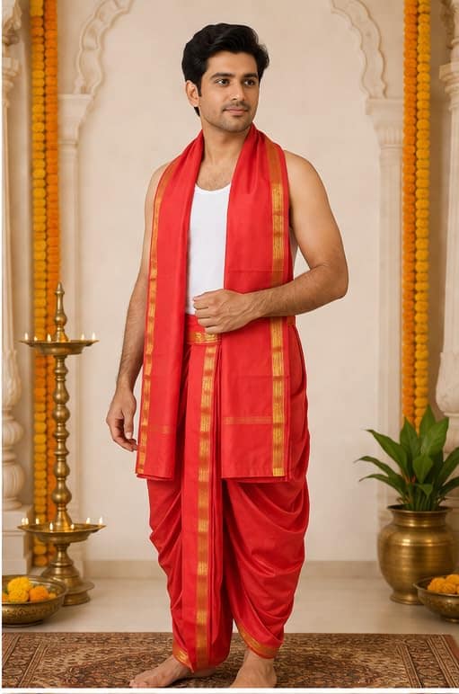 Mom and Me Men Free size Dhoti/Pancha/Dhotar Ready-to-Wear Indian Traditional Ethnic Comfortable soft Silk fabric Special for Weddings, Festivals, Ganpati and satyanarayan puja Quick wear (Orange) view 2