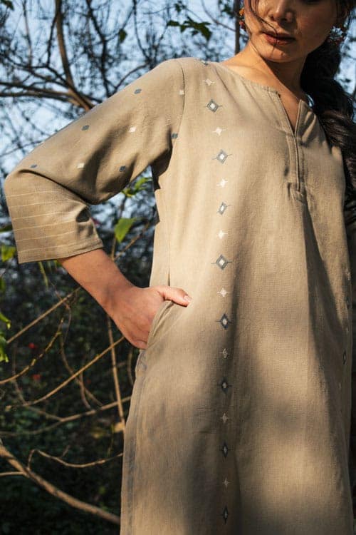 Akriti Beige Handwoven Extra-Weft slit neckline kurta