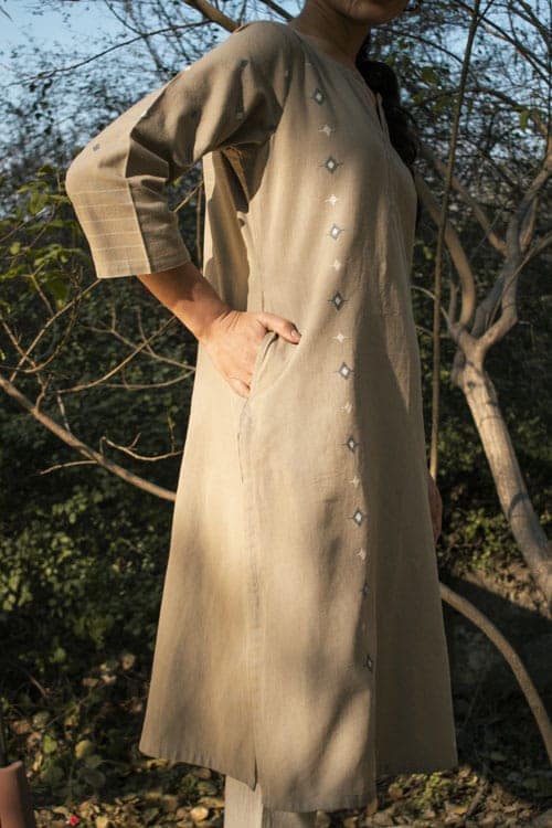Akriti Beige Handwoven Extra-Weft slit neckline kurta view 2