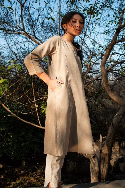 Akriti Beige Handwoven Extra-Weft slit neckline kurta view 7