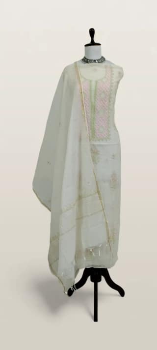Chikankari Mul Chanderi Dress Material Pink Green Jaali Yoke