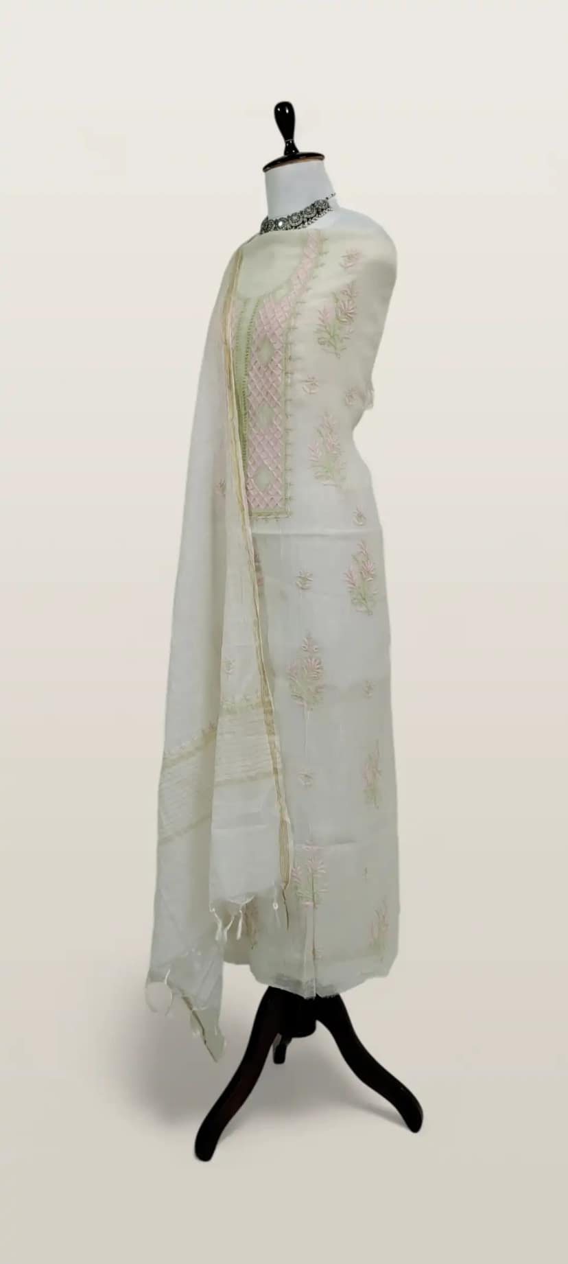 Chikankari Mul Chanderi Dress Material Pink Green Jaali Yoke view 2