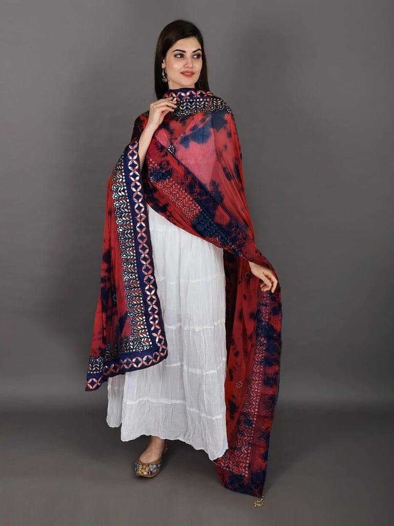 Urban-Red Tie & Dye Pattern Digital Print Bemberg Chiffon Extra-Wide Dupatta With Tassels view 4