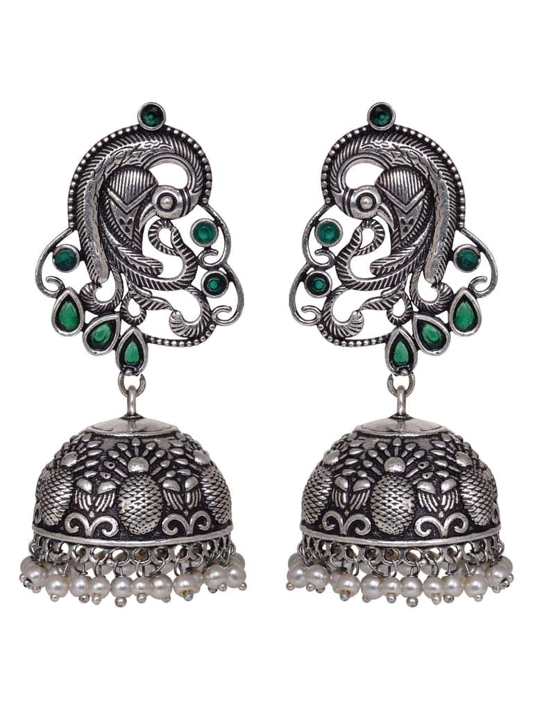 Silver Oxidised Peacock Contemporary Jhumka Earrings view 2