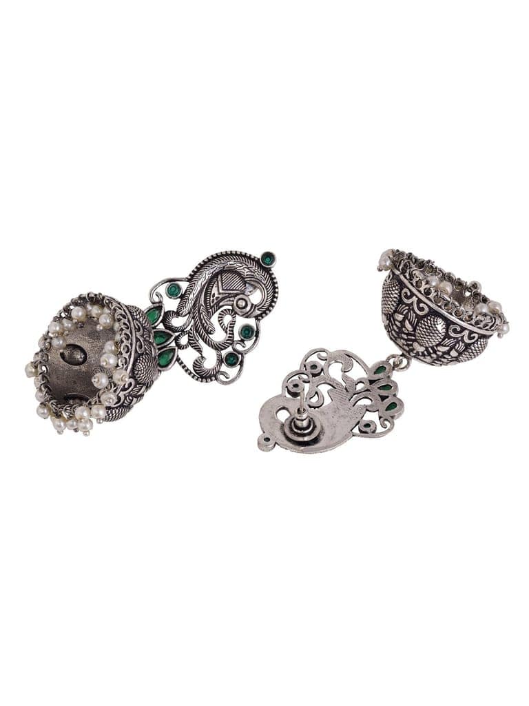 Silver Oxidised Peacock Contemporary Jhumka Earrings view 3