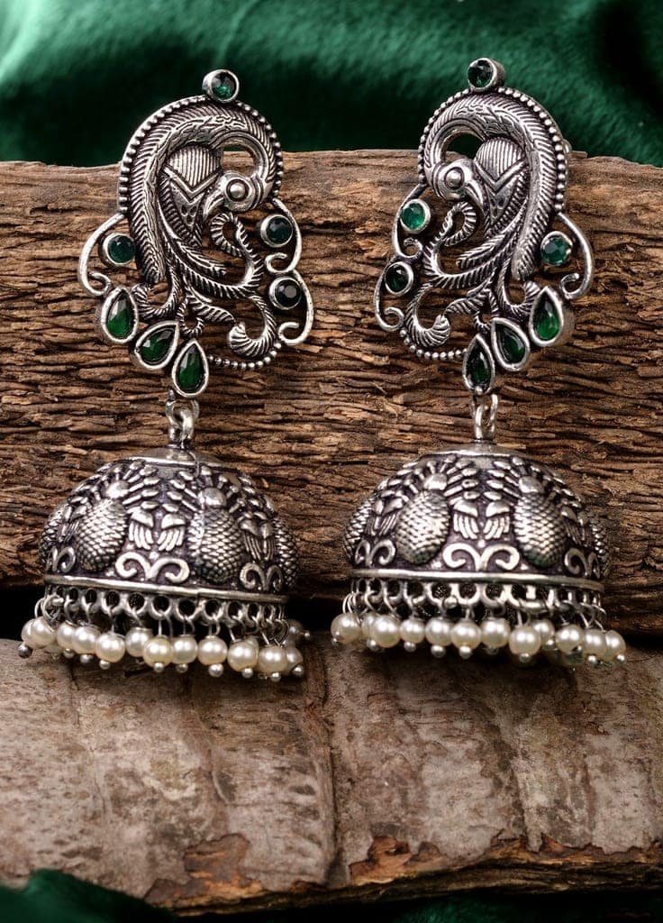 Silver Oxidised Peacock Contemporary Jhumka Earrings view 4