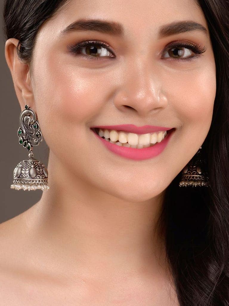 Silver Oxidised Peacock Contemporary Jhumka Earrings view 5