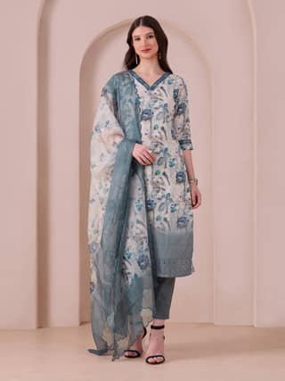 Multi ColourCotton Blend Kurti Set & Dupatta With Sequins Embroidery