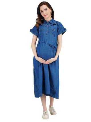 KOI SLEEPWEAR Women's Dark Denim Maternity Front Pocket Breastfeeding Gown Dress with Feeding Pocket Maxi Night Gown for Pregnant Women (X- Large, Dark Blue)