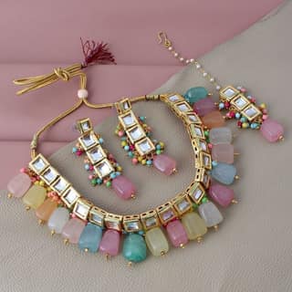 LUCKY JEWELLERY Back Meenakari 18k Gold Plated Mutlicolor Color Tika Earring Combo Uncut Big Kundan Choker Necklace set