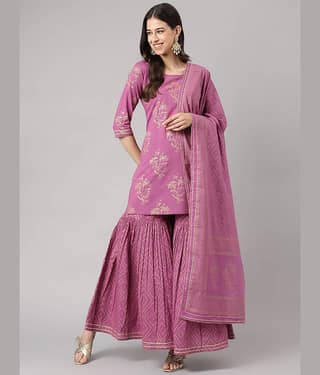 Divena Women Cotton Printed Straight Kurti With Sharara And Gharara ( Purple )