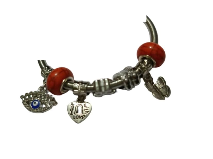 Pandora Style Silver Plated Charm Bracelet with Evil Eye, Butterfly, Heart and Orange Beads view 2
