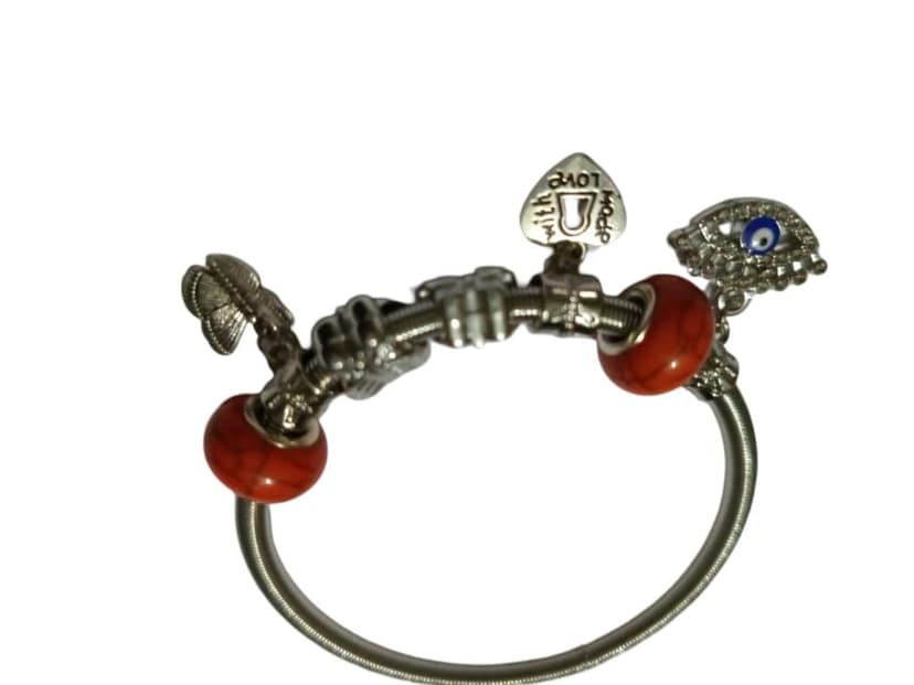 Pandora Style Silver Plated Charm Bracelet with Evil Eye, Butterfly, Heart and Orange Beads view 3