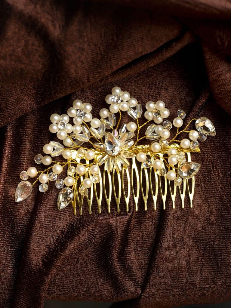 Gold Toned & Pearl Embellished Comb Pin for Girls & Women view 2