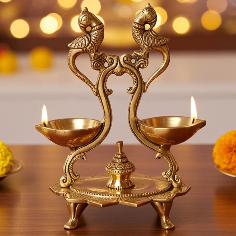 Brass Peacock Diya Jyoti Deepak Oil Lamp 2 Wicks - Traditional Oil Lamp for Temple & Home, Height : 7.2 Inch (BSMAS1159 A)
