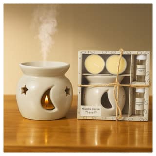 Floryn Decor Ceramic Oil Diffuser Set with 5ml Essential Oil & 2 Tealight Candles | Aromatherapy Burner for Home Bedroom, Spa & Office | Relaxing Fragrance, Compact Size –Gift Pack Cream
