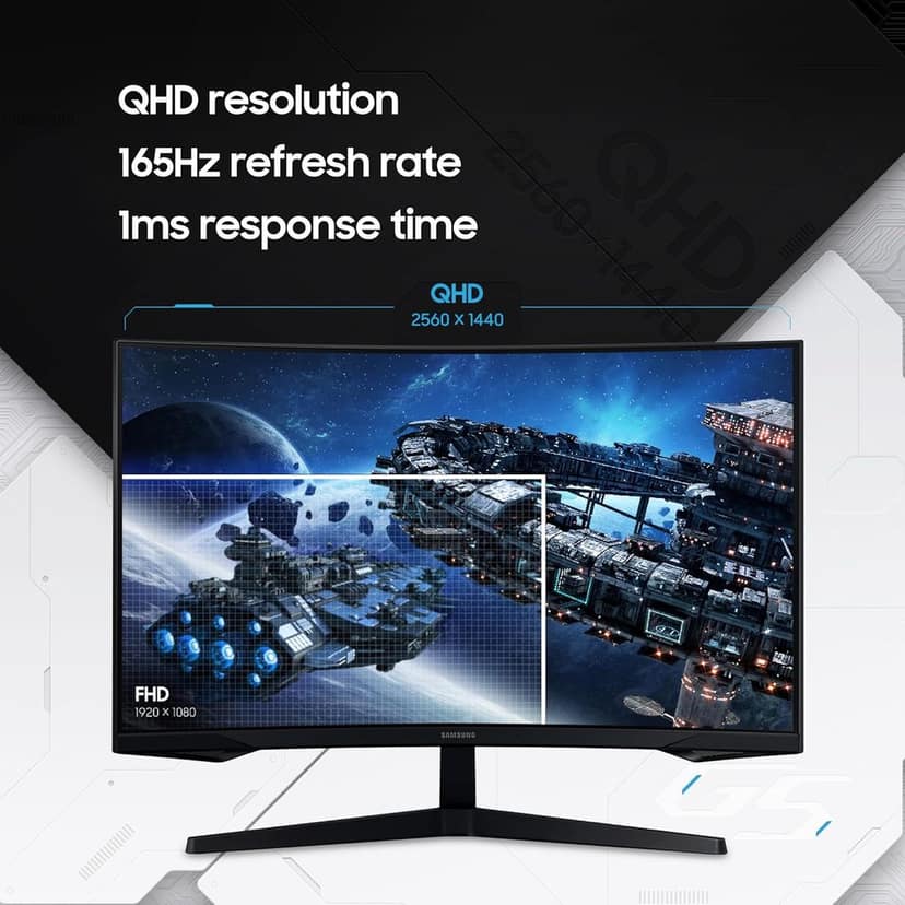 Samsung 27" (68.5cm) Odyssey G5 2K Curved Gaming Monitor|QHD 2560 X 1440|1000R Curved|165Hz|1ms(MPRT)|300nits|Ports-HDMI,DP,Headphone|DP Cable|HDR10|FreeSync|LS27CG550EWXXL|Black view 2