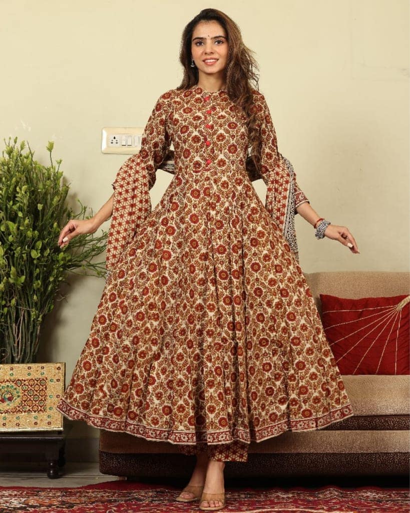 Anarakali Kurti Set Beige Color Bagru Handblock print with Mulmul Dupatta-7598