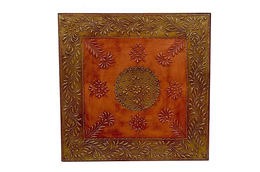 Home Design Wooden Pooja Chowki, Handmade Embossed Painting Chowki, Handcrafted Bajot, Pooja Stool, Wooden Handmade Bajot (Copper+ Gold) (18 x 18 x 6 in INCHES) view 2