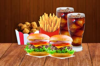 2 lamb burger+ fries+ chicken popcorn+ pepsi