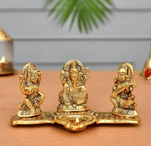 DHRUVINSRI Metal Kela Patta Laxmi Ganesh Saraswati with Diya Statue Idol for Diwali Gift,Home Decor view 2