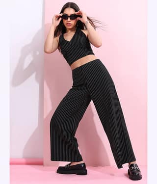 Tokyo Talkies Women Striped Top With Trousers Co-Ord Set ( Black )